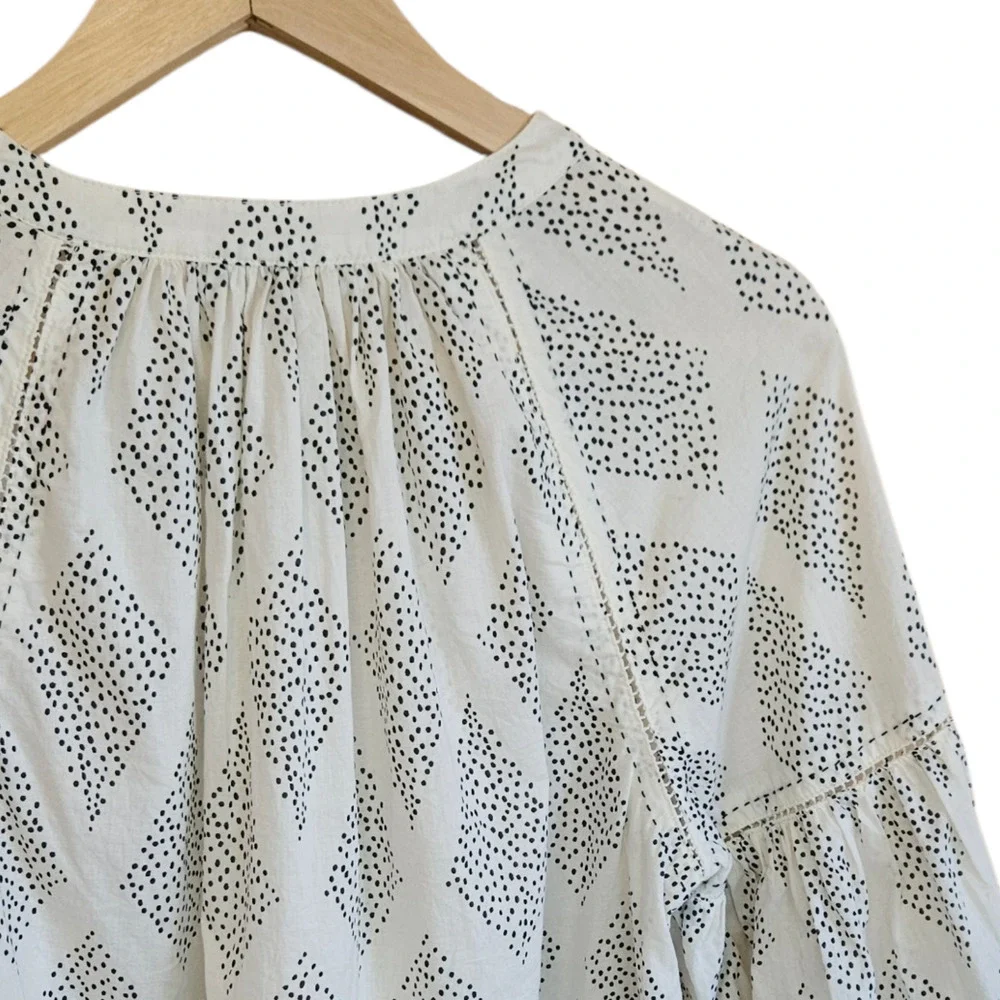 Madewell Women's White Dotted Diamond Puff Sleeve Button Front Top Small